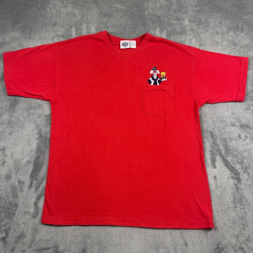 Looney Tunes Classic Sylvester Tweety Vintage Red Pocket T-Shirt XL Cotton